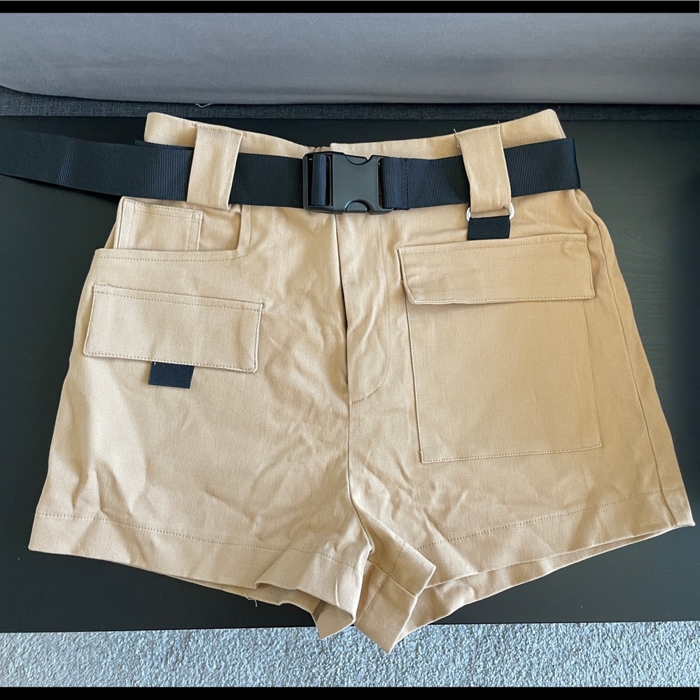 Khaki Belted High Waisted Cargo Shorts